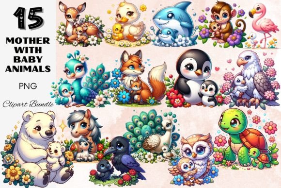Charming Mother & Baby Animal Clipart for Creative Projects