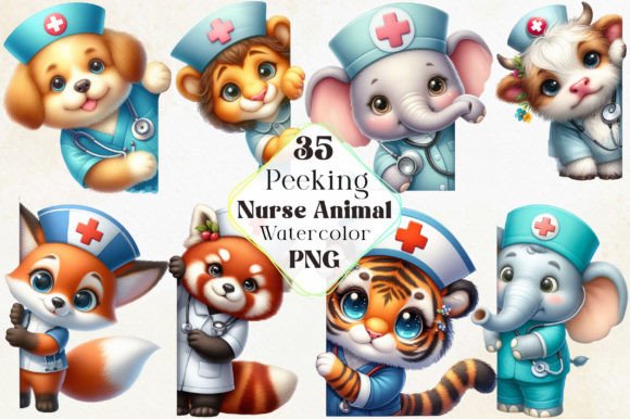Enchanting Peeking Nurse Animal Watercolor Clipart