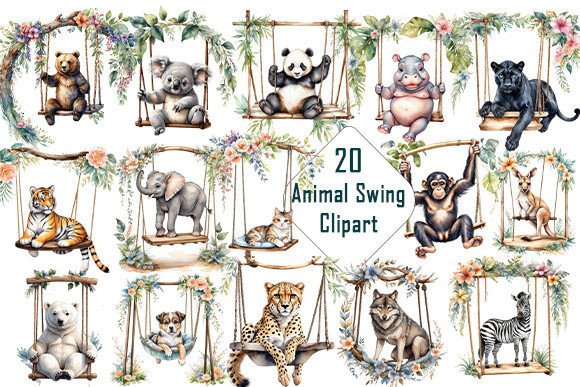 Watercolor Animal Swing Clipart Bundle: Whimsical Design