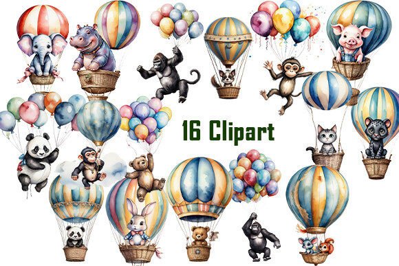 Whimsical Charm: Elevate Projects with Animal Flying with Air Balloon Clipart